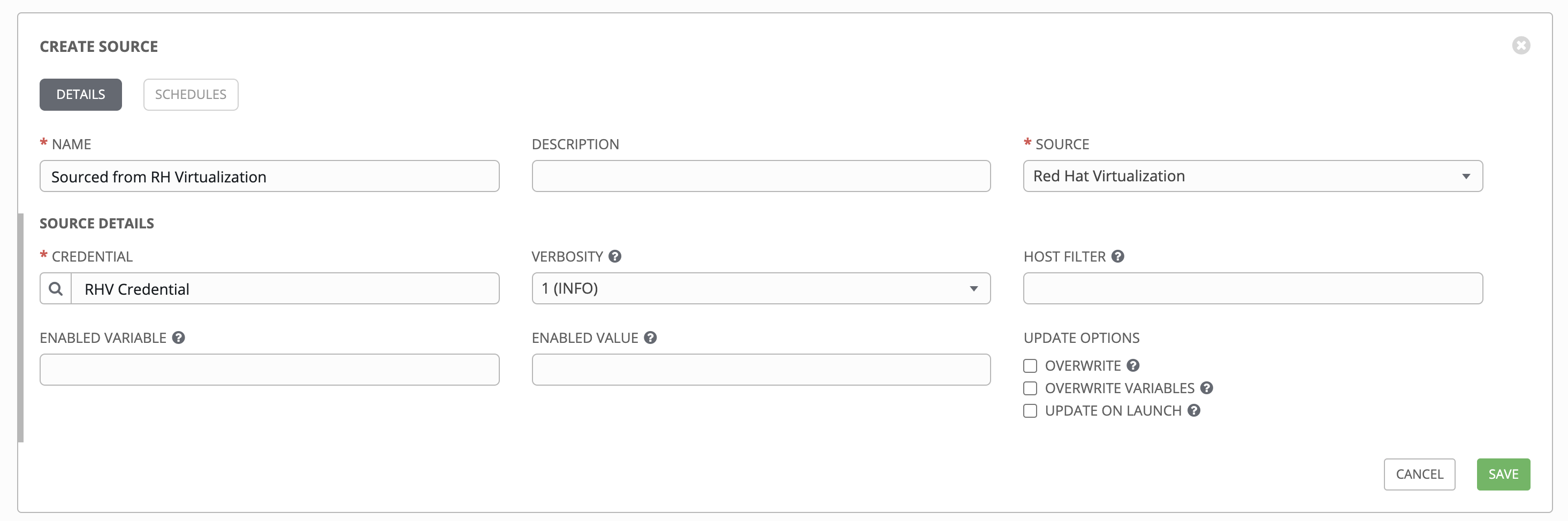 Inventories - create source - RHV example