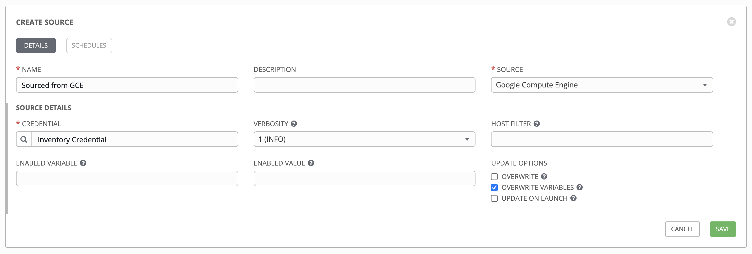 Inventories - create source - GCE example